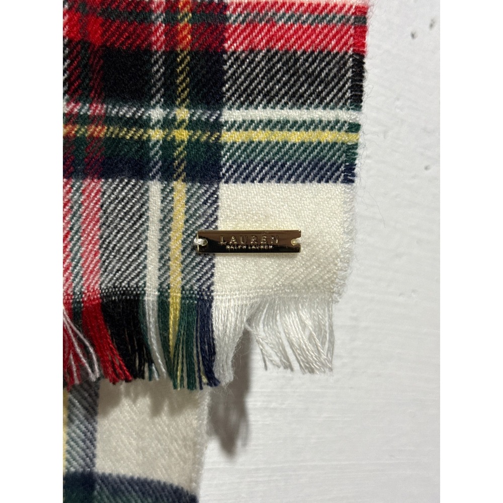 Lauren Ralph Lauren Womens Plaid Oversized Wrap Scarf Cream Red Tartan Fringed